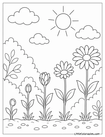 A Series of Five Daisies at Different Growth Stages Coloring Page