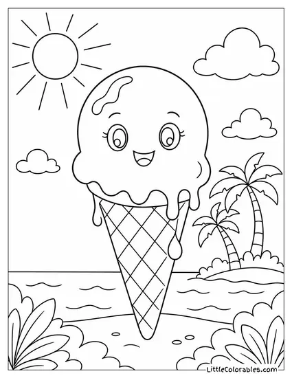 A Single Dripping Ice Cream Scoop on a Hot Sunny Day Coloring Page