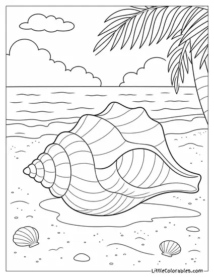 A Single Large Seashell Casting a Shadow on White Sand Coloring Page