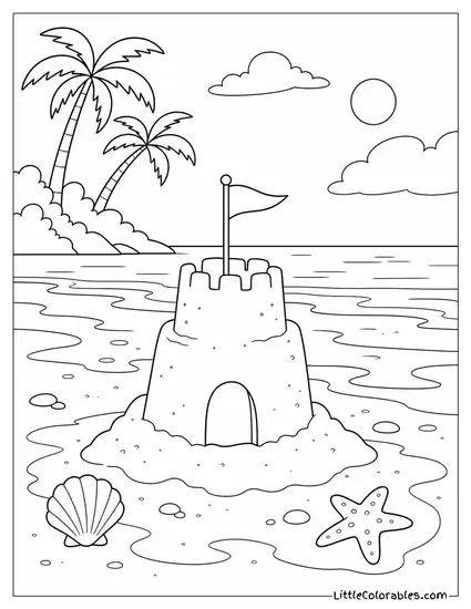 A Single Sandcastle With a Tiny Flag at Low Tide Coloring Page