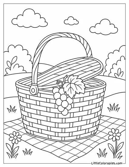 A Small Bunch of Grapes Peeking Out from Inside a Wicker Picnic Basket Coloring Page