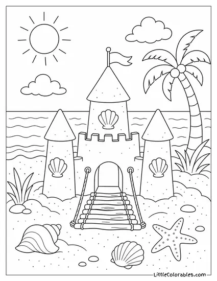 A Small Sandcastle With Shell Windows and a Twig Drawbridge Coloring Page