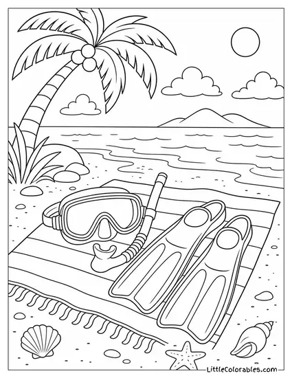 A Snorkeling Mask and Flippers Resting on a Beach Towel Coloring Page