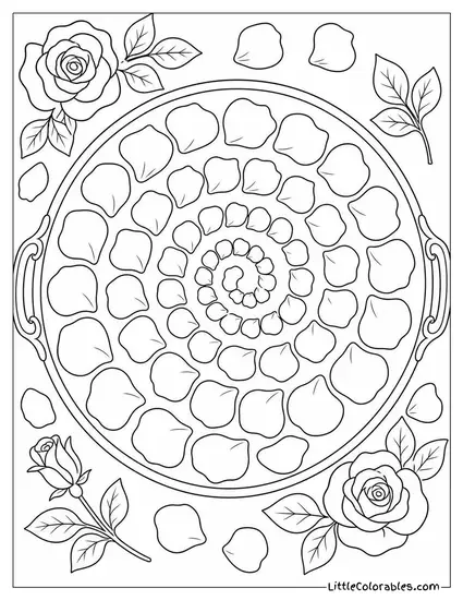 A Spiral of Rose Petals Arranged on a Round Tray Coloring Page