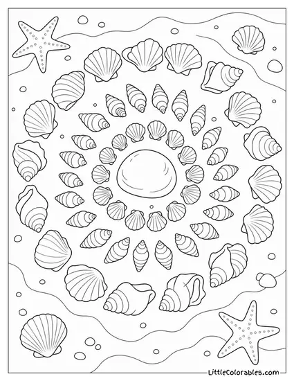 A Spiral of Seashells Pressed Into Sand Around a Central Stone Coloring Page