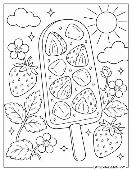 A Strawberry Popsicle With Real Fruit Chunks Frozen Inside Coloring Page