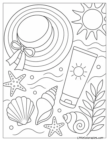 A Summer Flat Lay With a Sun Hat Sunscreen and Seashells Coloring Page