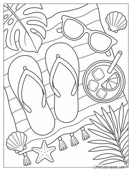 A Summer Flat Lay With Flip Flops Sunglasses and a Drink Coloring Page