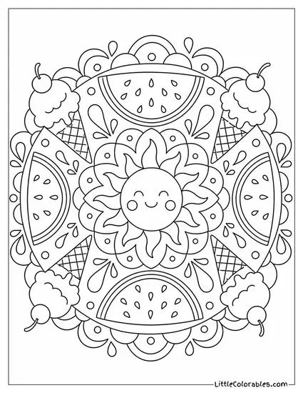 A Summer Mandala With a Sun Watermelon and Ice Cream Coloring Page