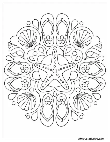 A Summer Mandala With Flip Flops Seashells and a Starfish Coloring Page
