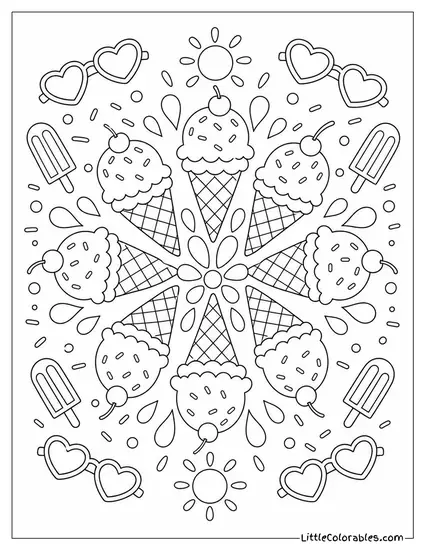 A Summer Mandala With Ice Cream Cones Scoops and Sprinkles Coloring Page