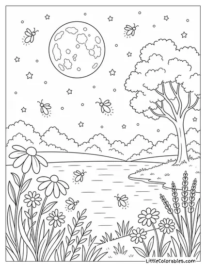 A Summer Night Sky With Fireflies Stars and a Full Moon Coloring Page