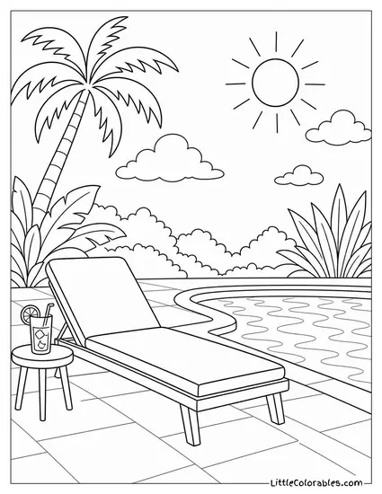 A Sun Lounger Beside a Pool With Long Shadows and Still Water Coloring Page