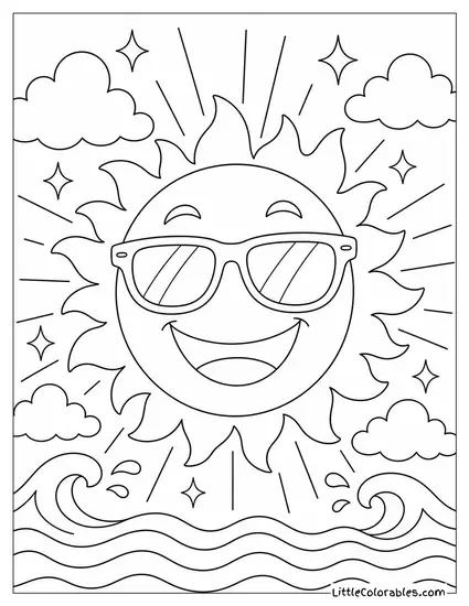 A Sun With Sunglasses Sparkles and a Big Grin Coloring Page