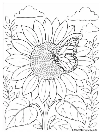 A Sunflower Bloom with a Monarch Butterfly on its Center Coloring Page