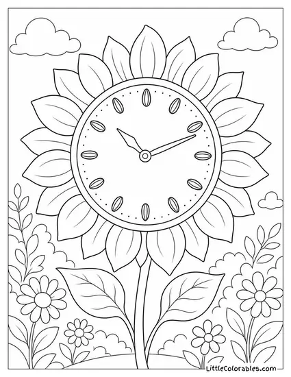 A Sunflower Clock with Seeds as Hour Markers Coloring Page
