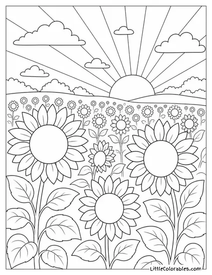 A Sunflower Field at Golden Hour with Long Shadows Coloring Page