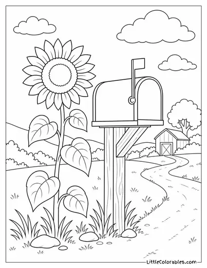 A Sunflower Growing Beside a Rural Mailbox Coloring Page