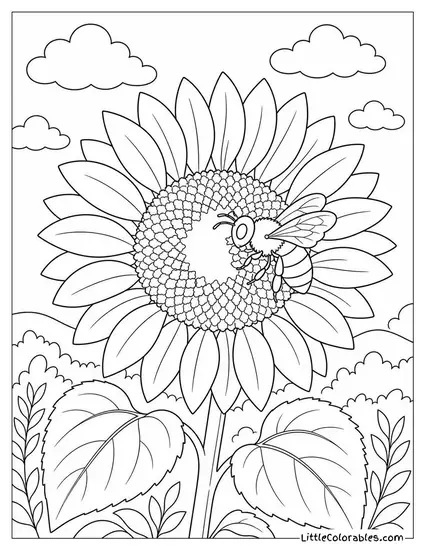 A Sunflower with a Bee Landing on its Center Coloring Page