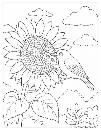 A Sunflower with Seeds Being Picked Out by a Small Bird Coloring Page