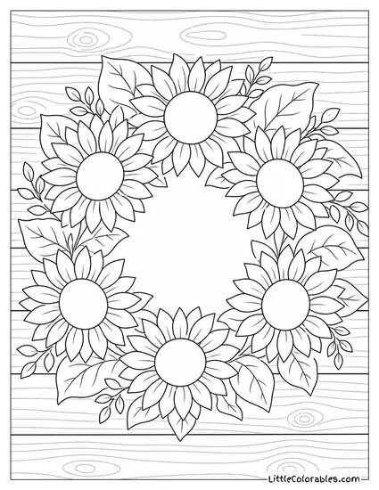 A Sunflower Wreath Laid Flat on a Wooden Surface Coloring Page