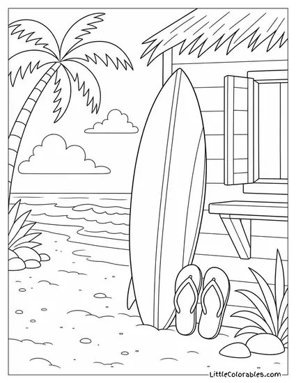 A Surfboard and Flip Flops Leaning Against a Beach Shack Coloring Page