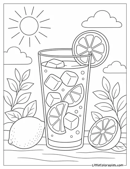 A Tall Glass of Lemonade With Ice Cubes and a Lemon Slice Coloring Page