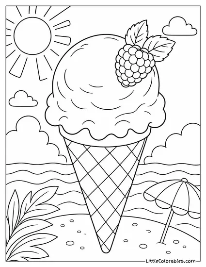 A Teal Blue Raspberry Ice Cream Scoop on a Waffle Cone Coloring Page