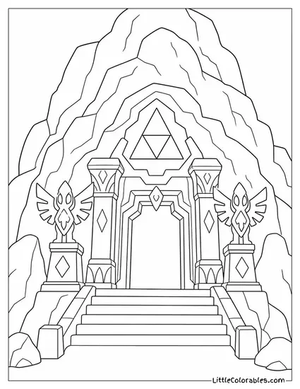 A Temple Entrance Carved Into the Side of a Mountain Legend of Zelda Coloring Page