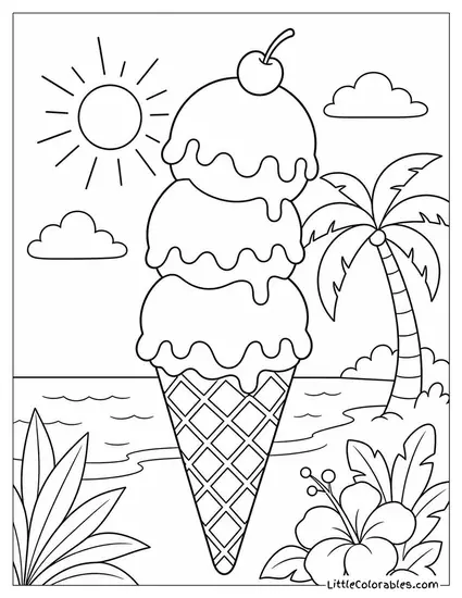 A Triple Scoop Ice Cream Cone in a Waffle Cone Coloring Page