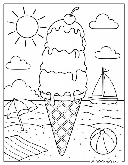 A Triple Scoop Waffle Cone With Dripping Ice Cream Coloring Page