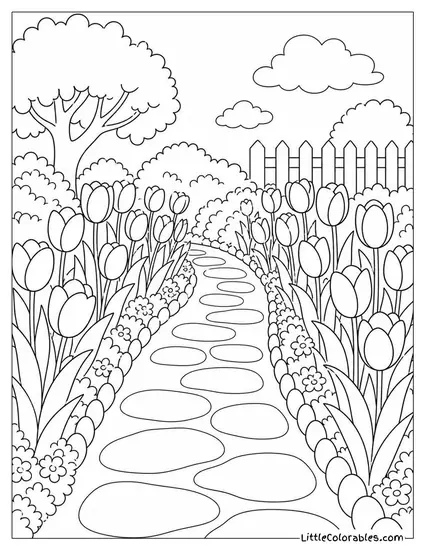 A Tulip Border Lining a Neat Garden Path Coloring Page