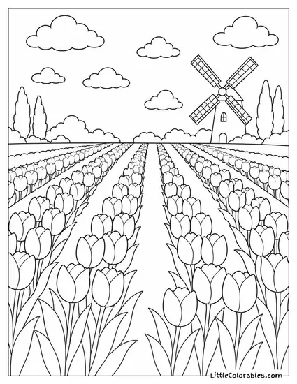 A Tulip Field in Rows of Alternating Colors Coloring Page