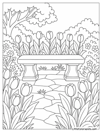 A Tulip Garden with a Stone Bench in the Center Coloring Page