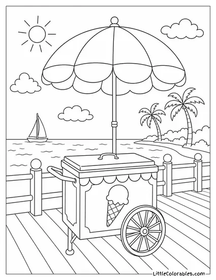 A Vintage Ice Cream Cart With an Umbrella on the Boardwalk Coloring Page