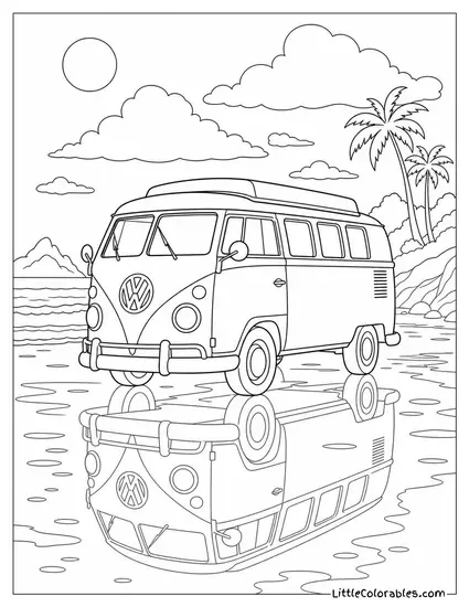 A Vw Camper Van Reflected in a Flat Wet Beach at Low Tide Coloring Page