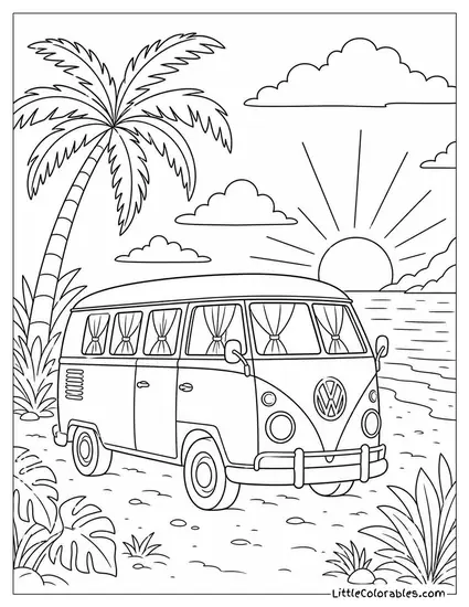 A Vw Camper Van With Curtains in the Window at Dusk Coloring Page