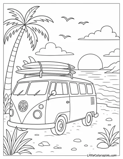 A Vw Camper Van With Surfboards on the Roof at Sunset Coloring Page