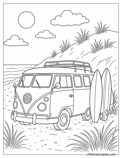 A Vw Camper Van With Surfboards Parked Beside Tall Dunes Coloring Page