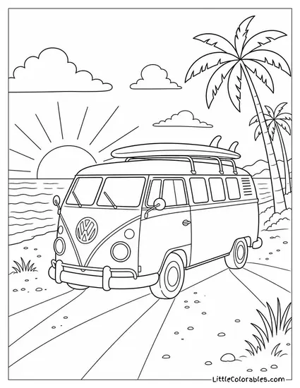 A Vw Van at Sunset With Long Shadows Stretching Behind It Coloring Page