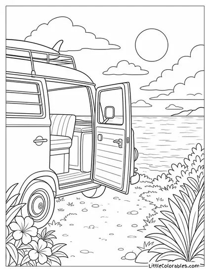 A Vw Van Door Open Facing a Wide Calm Horizon Coloring Page