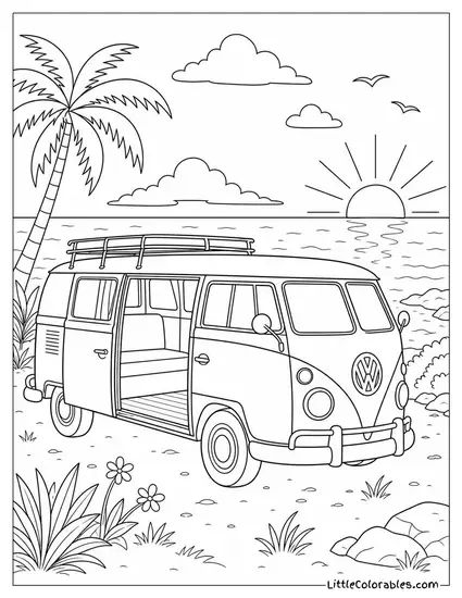 A Vw Van With Its Side Door Open Facing the Sea Coloring Page