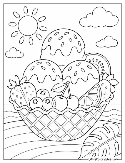 A Waffle Bowl Filled With Three Scoops and Fresh Fruit Coloring Page