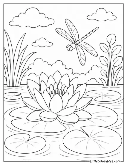A Water Lily Floating on a Pond with a Dragonfly Above Coloring Page