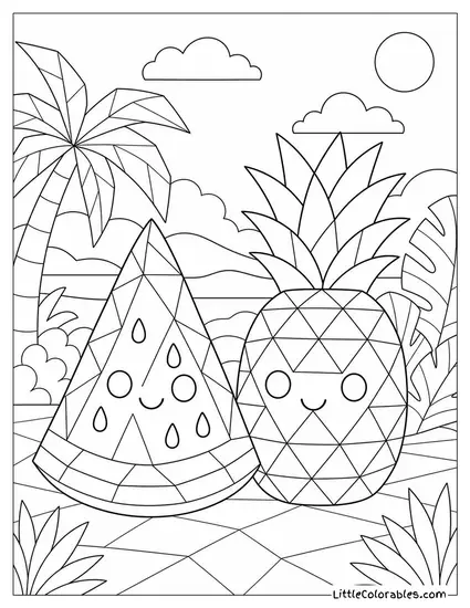 A Watermelon and Pineapple Carved into Matching Geometric Shapes Coloring Page