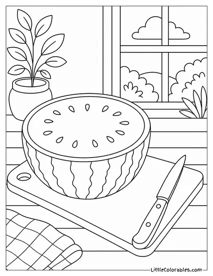 A Watermelon Half Being Carved With a Simple Paring Knife Beside It Coloring Page
