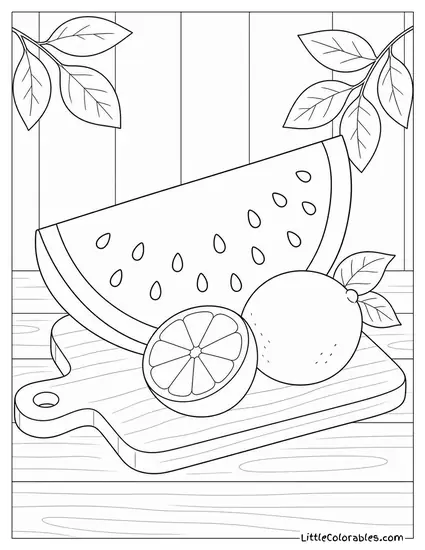 A Watermelon Slice and Two Limes on a Wooden Board Coloring Page