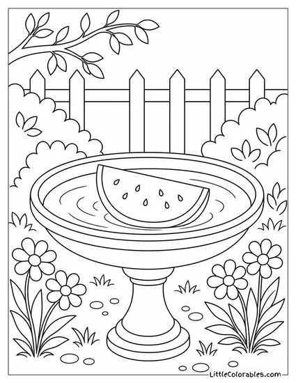 A Watermelon Slice Floating in a Simple Round Birdbath Bowl Coloring Page