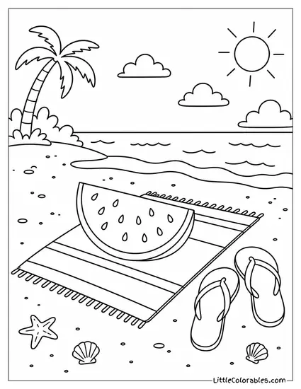 A Watermelon Slice Lying on a Simple Beach Towel With Flip Flops Coloring Page