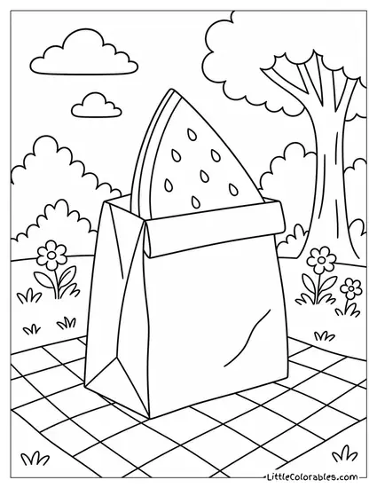 A Watermelon Slice Tucked Inside a Plain Paper Lunch Bag Top Coloring Page